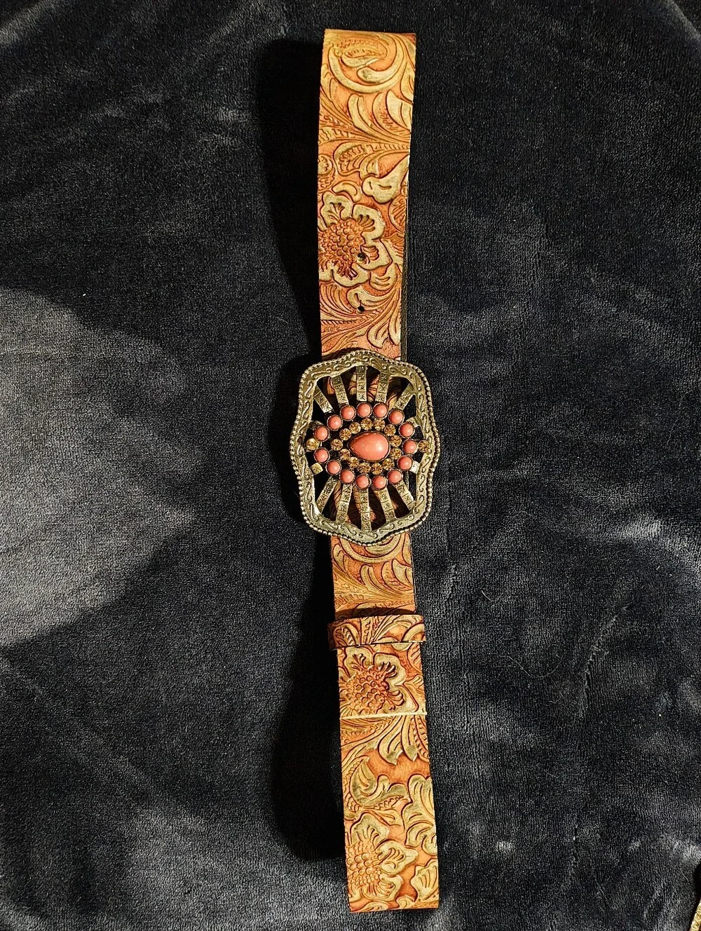 Vintage 90s Streets Ahead Leather Belt Large Western Tooled Coral Rhinestone